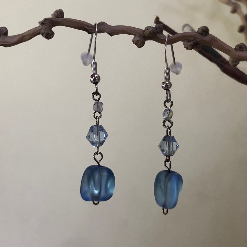 HAND CRAFTED Ice Blue "Sea Glass" Bead & Swarovski Crystal Accent Drop Earrings - Picture 8 of 14